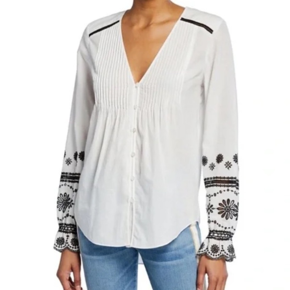VERONICA BEARD Sz 6 SIONA White All Cotton Blouse with Black Embroidery EUC